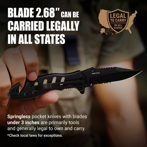 Vista 5 de Cuchillo táctico legal para hombres y mujeres - Hoja serrada de 2.68 pulgadas - Pequeños cuchillos de bolsillo negros con rompecristales y cortador