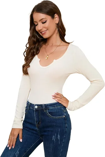 Vista 6 de Sanifer Body de manga larga con cuello en V para mujer, elástico, básico, sexy, body