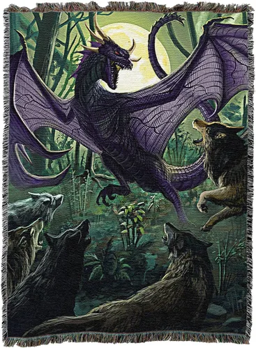 Vista 4 de Pure Country Weavers Manta de dragón y lobos, tapiz de regalo de fantasía tejida de algodón, fabricada en los Estados Unidos (72 x 54 pulgadas)