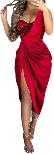 Vista 2 de UODSVP Vestidos de mujer 2023 para fiesta, color sólido, sexy, con lentejuelas, abertura maxi, con un hombro, vestido de noche