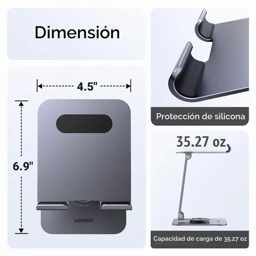 Vista 5 de UGREEN Soporte para tablet para escritorio con base giratoria de 360°, soporte de aluminio ajustable de múltiples ángulos, accesorios para el hogar
