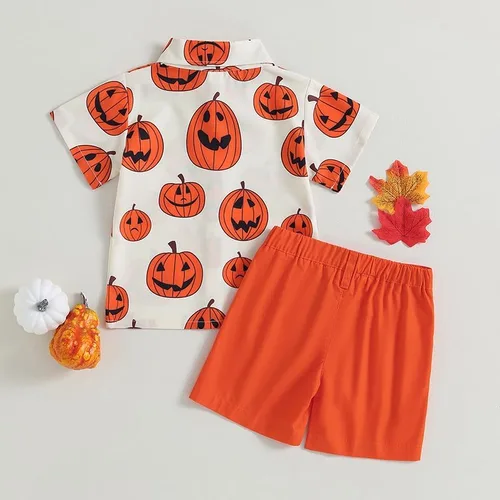 Vista 3 de Conjunto de camiseta de manga corta con cabeza de calabaza para bebé niño, traje de Halloween, pantalones cortos naranjas de verano