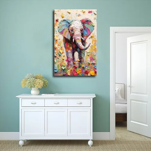 Vista 4 de Fyzuf Arte de pared de elefante - Pintura al óleo sobre lienzo, estilo cubismo, estética de elefante colorido, 12 x 18 pulgadas (11.8 x 17.7 in) sin