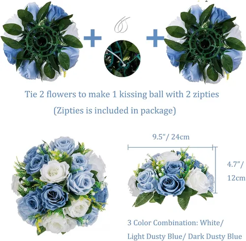 Vista 4 de BLOSMON Centros de mesa de bola de flores para mesa 2 piezas Centro de mesa de rosas artificiales Flores azul polvoriento Arreglo floral de seda