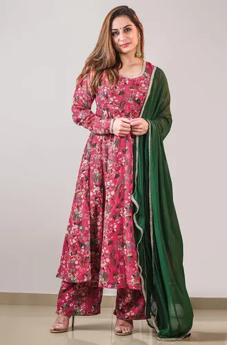 Vista 6 de Janasya Kurta con estampado floral digital de Georgette rosa indio para mujer con Palazzo y Dupatta