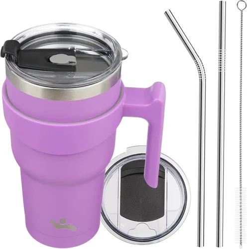 Vista 86 de Konokyo - Vaso de 10 onzas con asa y 2 popotes, 2 tapas, botella de agua aislada de acero inoxidable, taza de viaje reutilizable, color verde militar