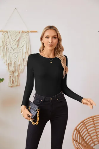 Vista 3 de VICHYIE Fall Clothes Womens Crewneck Ribbed Long Sleeve Shirts Slim Fitted Tee Casual Basic Tshirt Top Negro