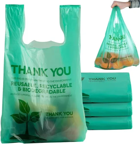 Vista 6 de Paquete de 50 bolsas de camiseta con asas de 22 x 12 pulgadas, bolsas de plástico biodegradable verde para compras, bolsas de agradecimiento