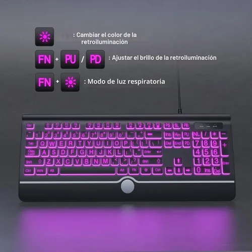 Vista 5 de KOPJIPPOM Teclado USB con cable con teclas retroiluminadas de impresión grande, retroiluminación LED de 7 colores, reposamuñecas ergonómico, diseño