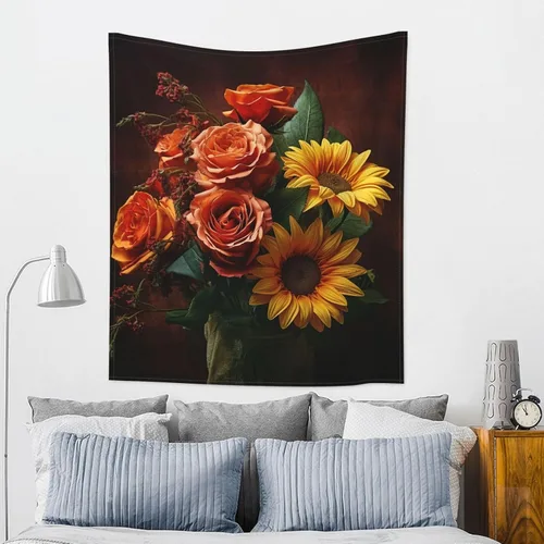 Vista 8 de Dwrepo Tapiz con estampado de girasoles y rosas, colorido y moderno para colgar en la pared, divertidos tapices de pared para decoración del hogar