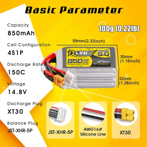 Vista 2 de TATTU R-Line Versión 5.0 4S Lipo Batería 14.8V 150C 850mAh Lipo Batería con XT30U-F Plug