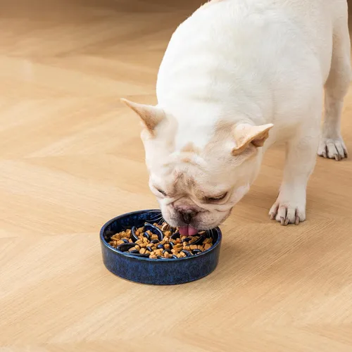 Vista 7 de vancasso Cuencos de alimentación lenta de cerámica para perros, cuencos de comida para perros con rompecabezas con laberinto floral, plato Azul