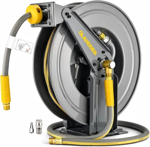 Vista 9 de GLAHODEN Carrete de manguera de aire de doble brazo de 50 pies retráctil, manguera híbrida de 1/2 pulgada, carrete de manguera de compresor de aire