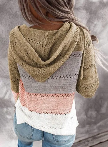Vista 3 de Sudaderas con capucha de punto de bloque de color para mujer, cuello en V, cordón ligero, sudaderas con cremallera