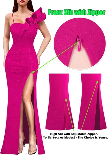 Vista 6 de VFSHOW Vestido largo con volantes y tirantes para mujer, fruncido, formal, para graduación, boda, cuello en V, elegante, dividido, cóctel, noche