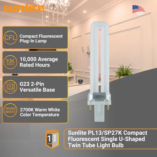 Vista 2 de Sunlite PL13/SP27K Foco compacto fluorescente de 2 pines para insertar de 13 watts, 2700K Color, PL13/SP27K/10PK, 13watts
