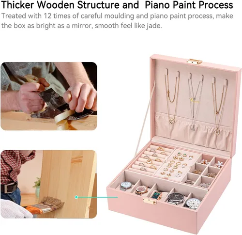 Vista 4 de Voova Joyero organizador para mujeres y adolescentes, estuche grande de almacenamiento de 2 capas, soporte de joyería de piel sintética con bandeja