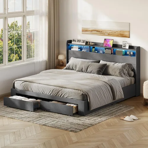 Vista 3 de Cama de almacenamiento elevable, cabecera de almacenamiento iluminada RGB con estación de carga, marco de cama King con 2 cajones, soporte