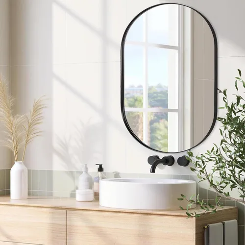 Vista 10 de ANDY STAR Espejo ovalado de 24x32 pulgadas, espejo ovalado negro de diseño en forma de píldora en marco de metal de acero inoxidable para baño