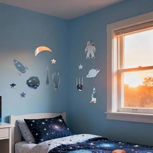 Vista 4 de 14 calcomanías de pared de espejo de cohete espacial de astronauta, calcomanías de pared de planeta del espacio exterior, decoración de dormitorio