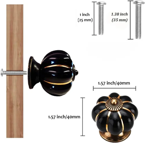 Vista 2 de Pomos de cerámica para gabinete, paquete de 4, manijas de puerta de calabaza elegantes y vintage para cocina/cajón/armario/armario (negro, 4 piezas)