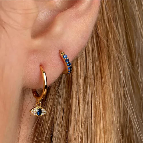 Vista 4 de Real 18K Gold Plated Sterling Silver Tiny Double Sided Blue Sapphire Huggie Hoops Handcrafted In USA Ship Within 24 hours