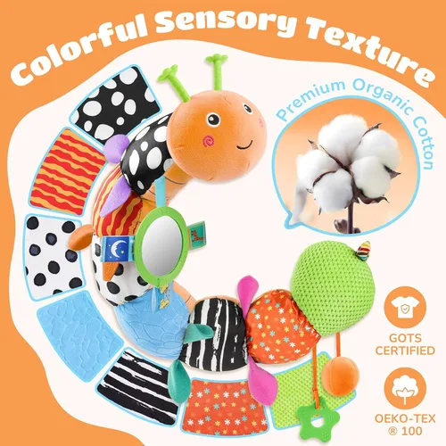 Vista 7 de Awotoy Baby Toys - Juguete musical de oruga interactivo multicolor para bebés, sonajero arrugado, suave con campana de anillo, juguete de peluche