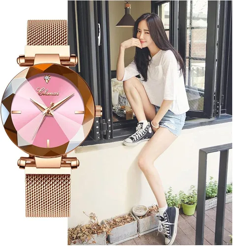 Vista 4 de BESTKANG Reloj analógico de cuarzo para mujer, esfera 3D, correa de malla rosa, reloj de pulsera para niñas y mujeres