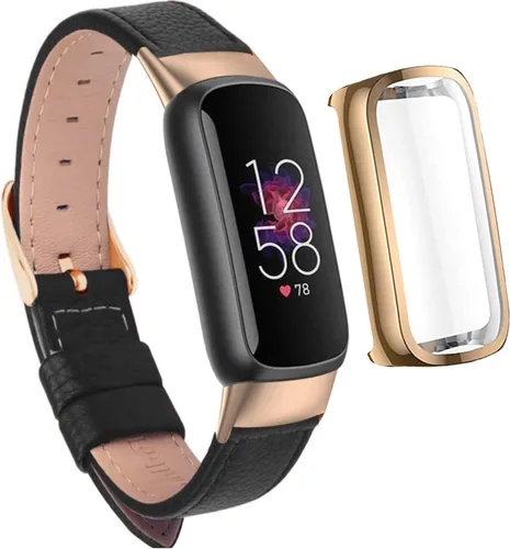 Vista 8 de Correa de reloj compatible con Fitbit Luxe, elegante correa de cuero delgada, pulsera suave de repuesto para Fitbit Luxe Fitness, protector de Negro