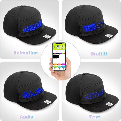 Vista 3 de Sombrero LED animado Bluetooth personalizado texto animación graffiti tapas LED programables para hip hop baile calle fiesta bar regalos