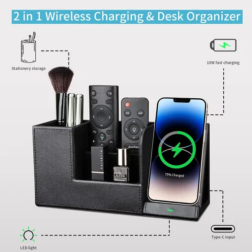 Vista 4 de Organizador de escritorio de cuero PU con soporte de estación de carga inalámbrica para iPhone 10W, soporte rectangular para caja de pañuelos negro