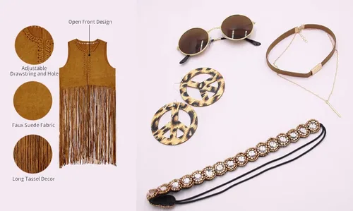 Vista 5 de GOLDSTITCH Conjunto de disfraz hippie para mujer, chaleco con borlas de gamuza sintética, chaleco con flecos frontales abiertos