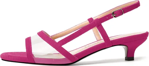 Vista 2 de MODENCOCO Vestido de citas de gamuza para mujer, con hebilla transparente, puntera abierta, cómodas, tacón bajo, sandalias de tacón bajo de 1.5