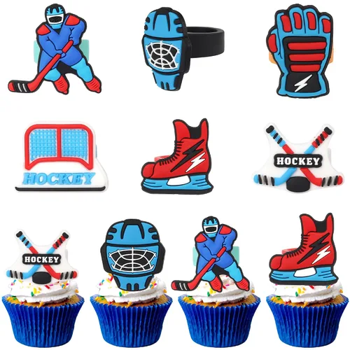 Vista 13 de 24 piezas de decoración de hockey para cupcakes, jugadores de hockey con purpurina negra, para cupcakes, hockey sobre hielo, temática deportiva