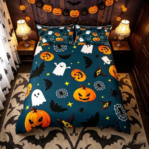 Vista 20 de Juego de funda de edredón de esqueleto, tamaño individual, estampado de flores de esqueleto humano, juego de ropa de cama con temática de Halloween