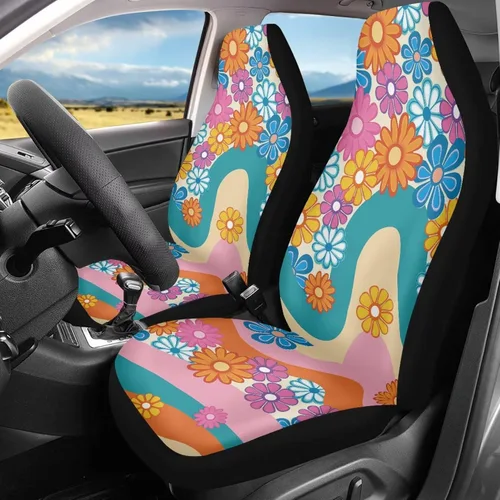 Vista 2 de Funda de asiento de automóvil con margaritas bohemias, diseño hippy arcoíris, margarita, flores, antideslizante, SUV, sedán, furgoneta, protector