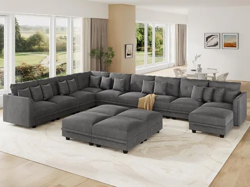 Vista 16 de LLappuil Sofá seccional modular con asientos de almacenamiento, sofá seccional convertible modular en forma de U de pana para sala de estar, sofá