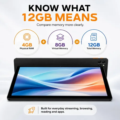Vista 6 de Tableta: Tablet de 10 pulgadas, tabletas Android 15, 12 GB de RAM 128 GB ROM, procesador Octa-core, pantalla IPS HD, Widevine L1, WiFi 6 y Bluetooth