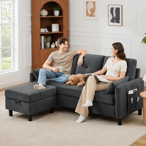 Vista 4 de Sofá modular convertible, sofá pequeño de 3 plazas en forma de L de 77 pulgadas con diván de almacenamiento reversible, sofá moderno de tela de Gris
