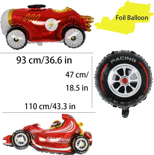 Vista 4 de Suministros para fiestas de carreras, decoraciones de fiesta de cumpleaños para niños, contiene una pancarta de carreras, 6 globos de aluminio, 4