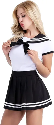 Vista 2 de Fldy Conjunto de 2 piezas de anime para colegialas Sweety Uniforme, traje de cuello azul marino con minifalda