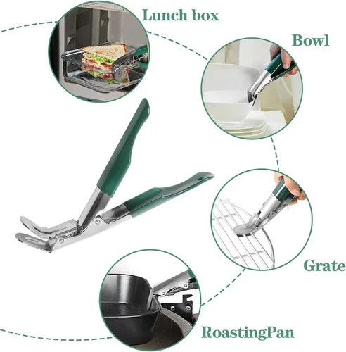Vista 7 de Levantador de rejilla de parrilla de acero inoxidable, agarre de rejilla con cubierta protectora verde. Herramienta elevadora de rejilla compatible