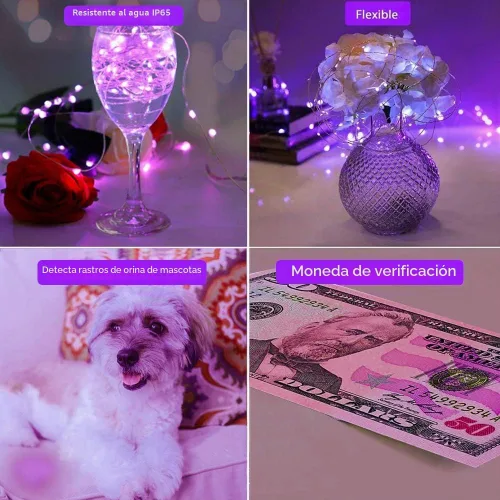 Vista 4 de Luces LED negras UV a pilas, paquete de 2 luces LED de 6.56 pies, 20 luces LED UV, accesorios de luz negra flexibles, luces de hadas moradas