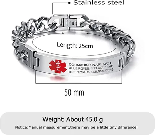 Vista 6 de Pulseras de identificación de alerta médica personalizadas para mujeres y hombres, pulseras médicas de emergencia para adultos, pulseras médicas