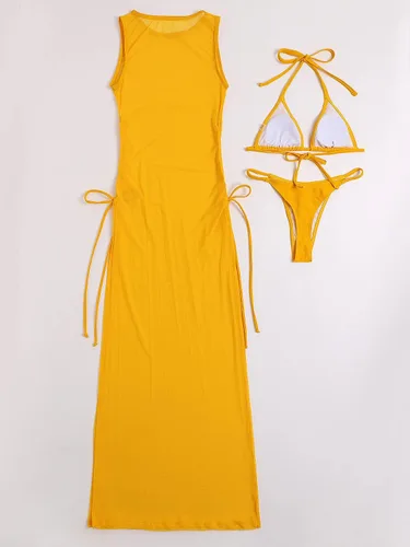 Vista 5 de SheIn Conjunto de bikini sexy de 3 piezas para mujer, con malla y micro triángulo, halter