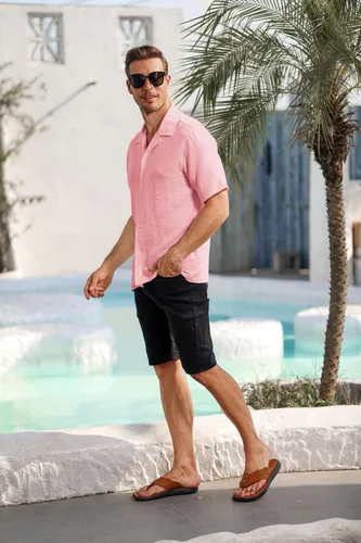 Vista 6 de Camisas casuales con botones para hombre, manga corta, color sólido, para yoga, playa, hawaiano, verano, vacaciones