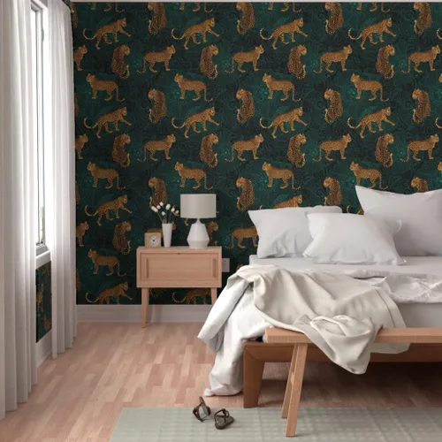 Vista 5 de Spoonflower Papel tapiz para despegar y pegar - Leopardo exótico selva negro verde animal África guepardo tigre papel tapiz extraíble personalizado