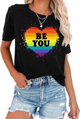 Vista 2 de Camisa de arcoíris para mujer, camiseta de orgullo con estampado de arco iris, camisetas casuales de manga corta Beyou-negro