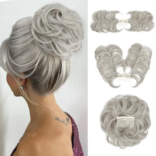 Vista 22 de Peine de moño desordenado con clip lateral para mujer, corto, natural, lacio, versátil, ajustable, fácil de peinar, (rubio ceniza-C)