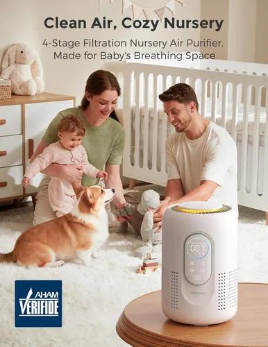 Vista 2 de Momcozy Purificador de Aire para Guardería, Sistema de 4 Filtros con H13 HEPA y Carbón, Monitor de Calidad del Aire PM2.5 en Tiempo Real y Pantalla